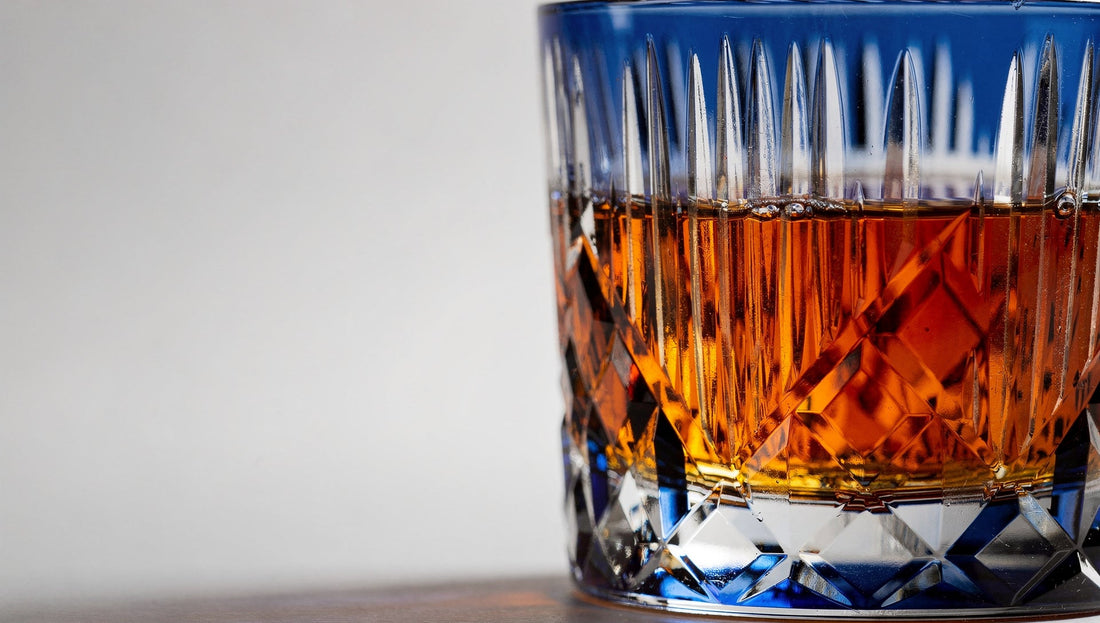 Amber whisky seen through a prism-cut glass wall on a pale grey ground.