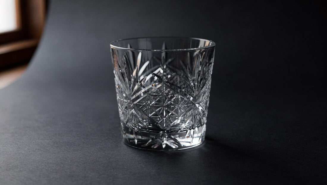 A single period-neutral cut-glass vessel on an ink-dark field in quiet light.