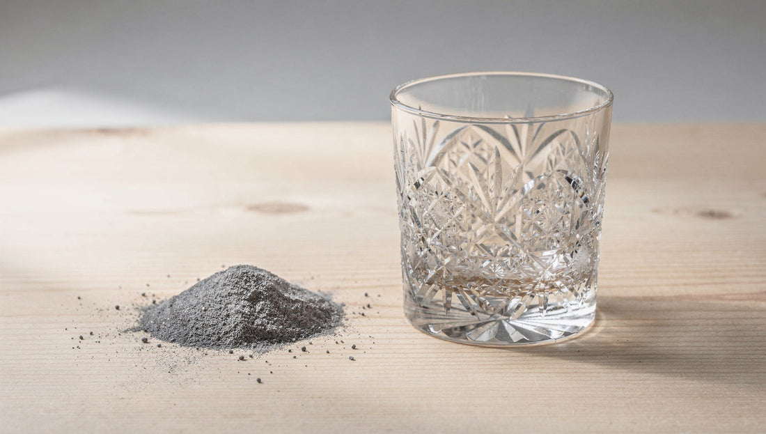 A single cut glass beside a small pile of grey emery abrasive on pale wood.