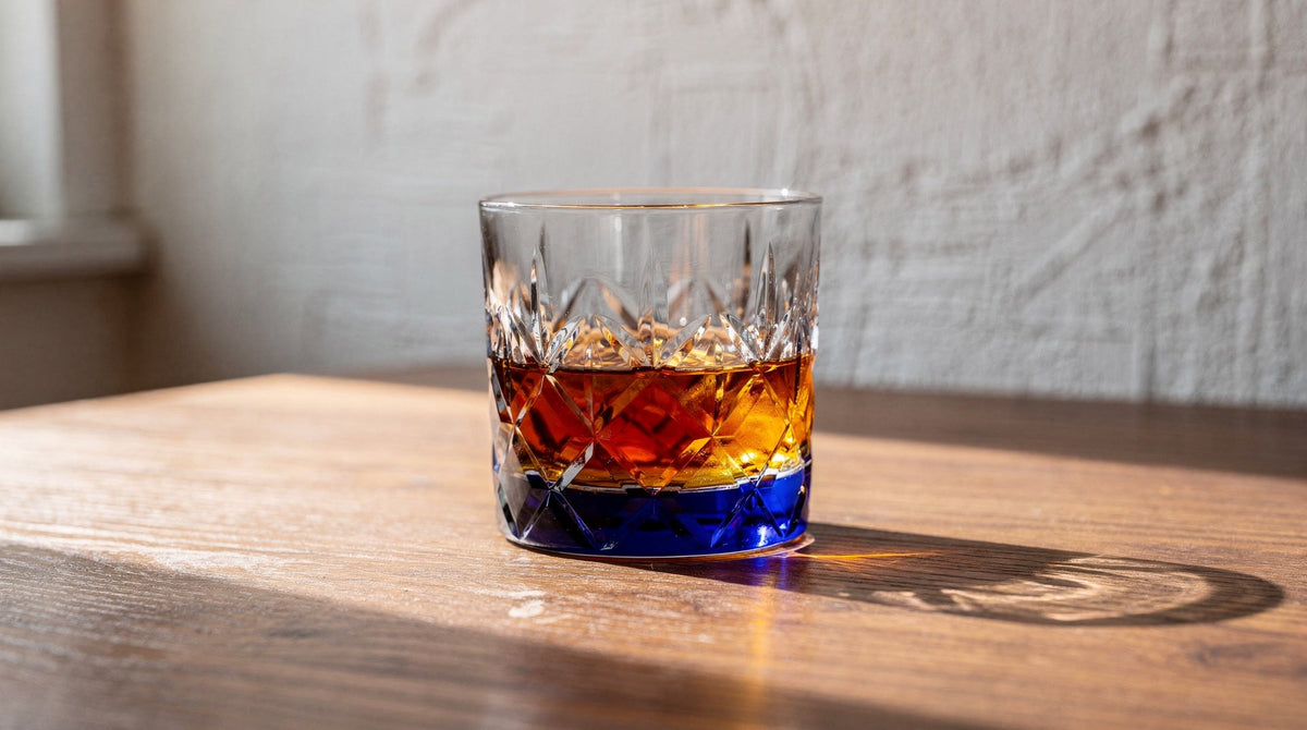 A cobalt Japanese cut rocks glass with a short amber pour on a warm wood table beside a paper wall, soft window side-light and a long patterned caustic shadow