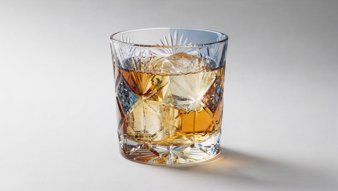 A Japanese cut-glass tumbler of pale mizuwari, whisky cut with still water over large clear ice, on a pale ground.