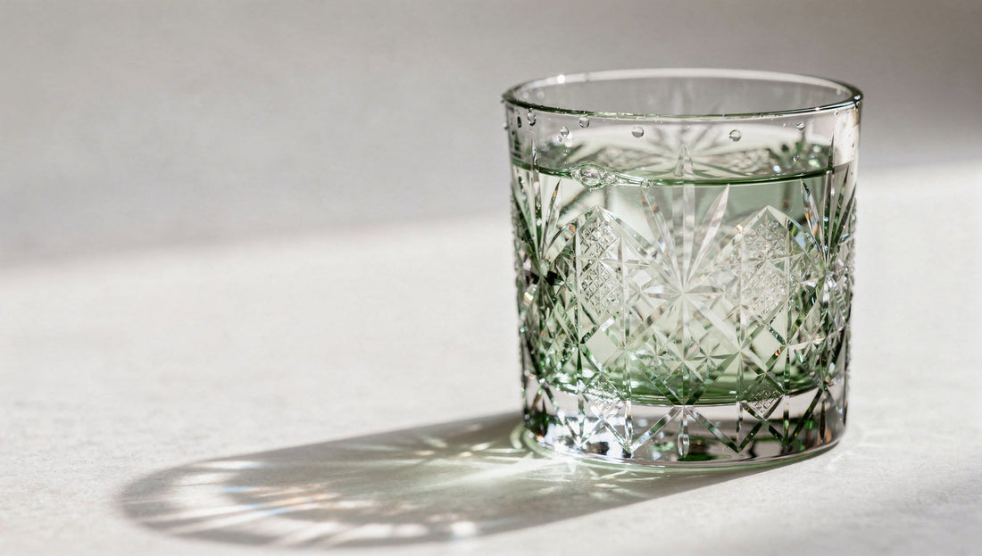 Clear water in a pine or clear Japanese cut-glass tumbler, hard daylight and caustic light on a pale table.