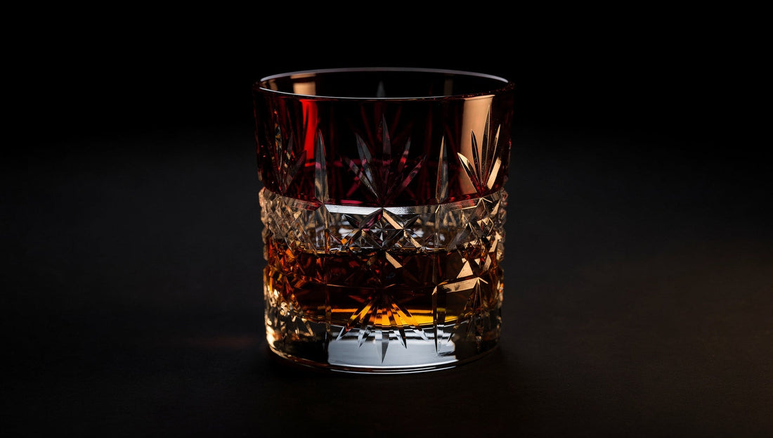 Amber whisky in a ruby or cobalt Japanese cut-glass rocks glass in evening light on an ink ground.