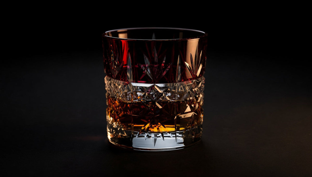 Whisky ámbar en un vaso de whisky japonés de vidrio tallado rubí o cobalto, en luz vespertina sobre un fondo tinta.