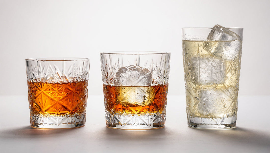 Three Japanese cut-glass serves in a line: neat pour, rocks with one cube, and a tall highball, on a pale ground.