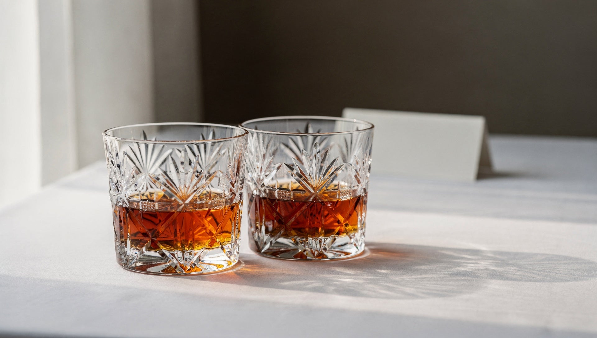 Two Japanese cut whiskey glasses on a pale table in morning light, wedding-quiet, a thin blank paper card.