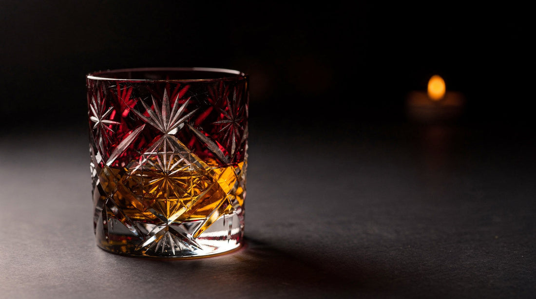 A dark ruby Japanese cut-glass rocks glass on a winter table in low light