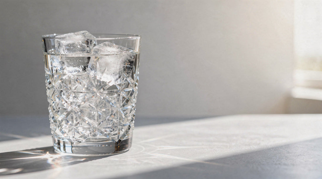 A clear Japanese cut-glass tumbler of water in bright summer window light