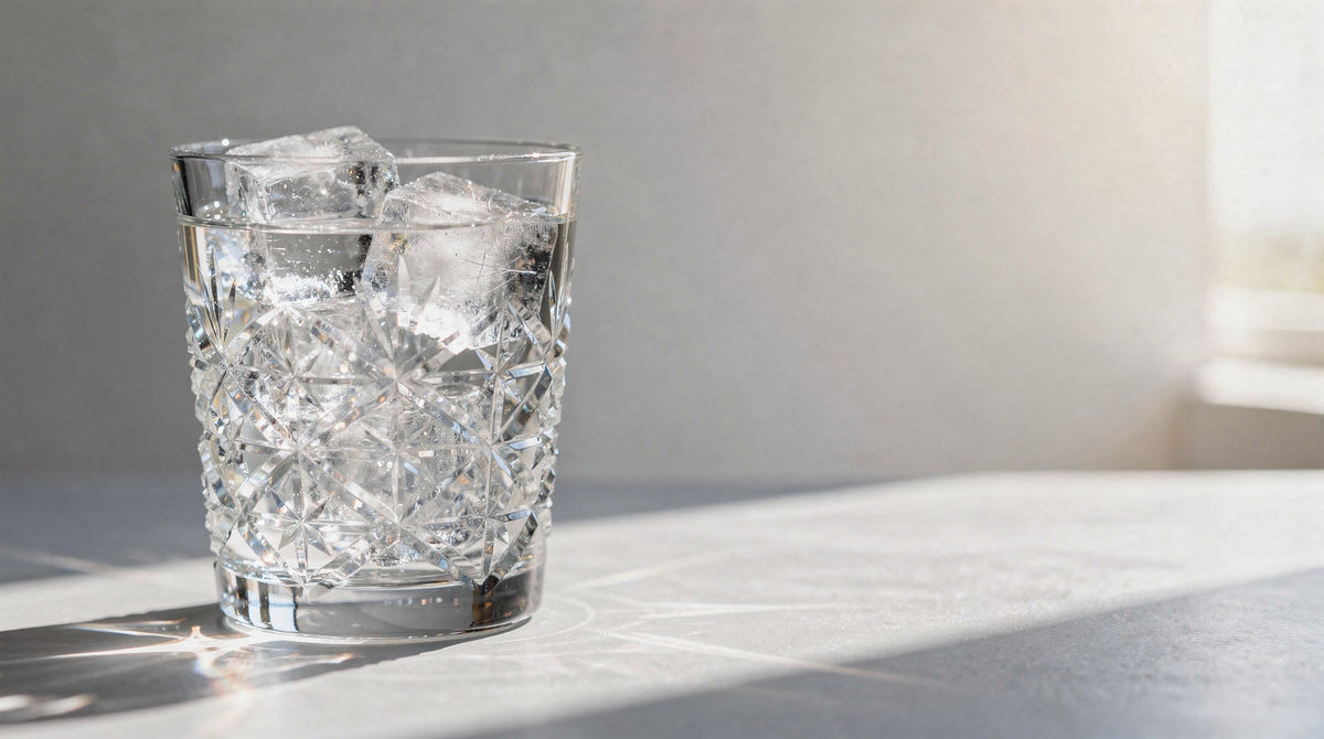 A clear Japanese cut-glass tumbler of water in bright summer window light