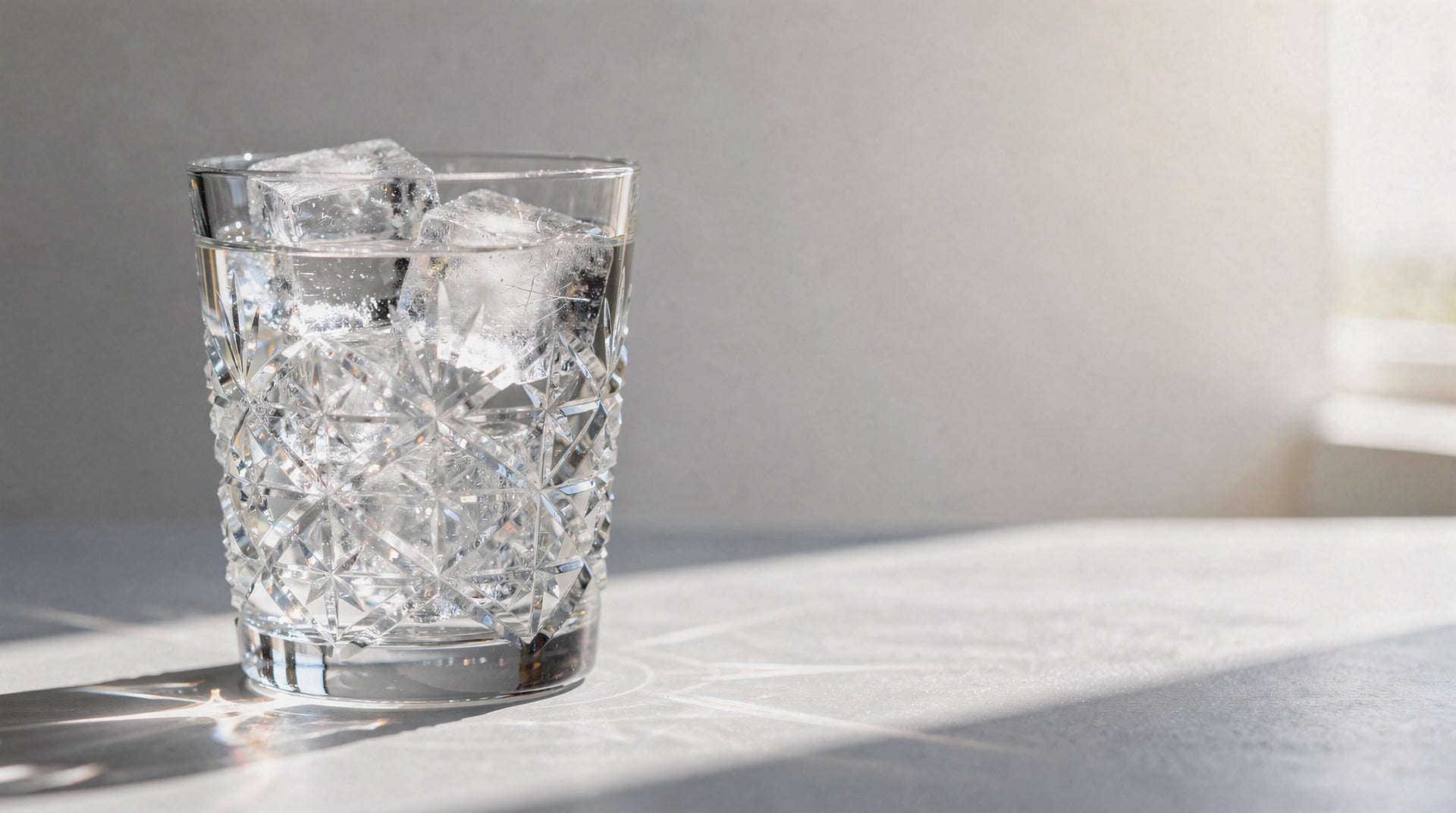 A clear Japanese cut-glass tumbler of water in bright summer window light