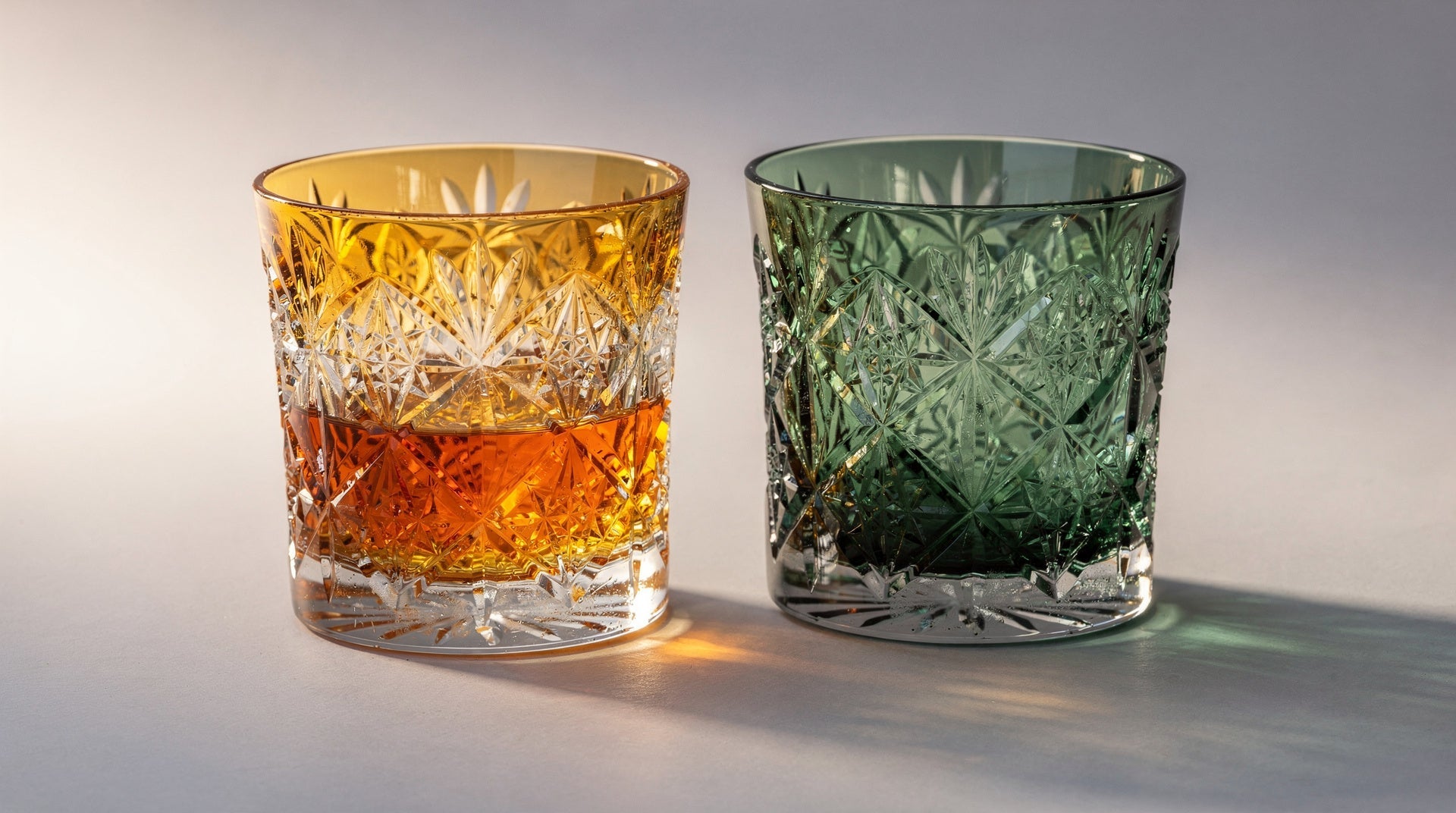 Amber and pine Japanese cut glasses in warm autumn side light