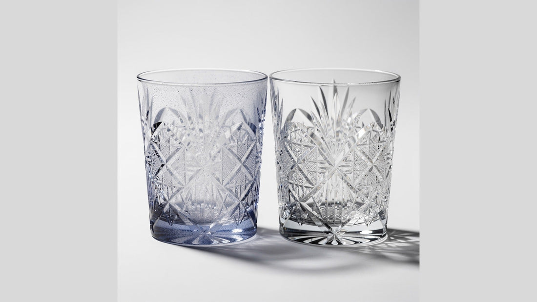 Close facets of two neighboring cut glasses, one faintly filmed and one clear