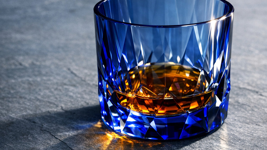 A cobalt Japanese cut rocks glass with a short amber pour on cool grey slate under rim light
