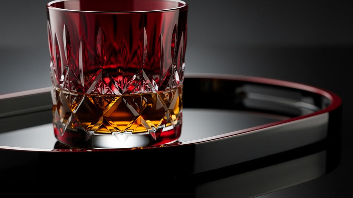 A ruby Japanese cut rocks glass with a short amber pour on a black lacquer tray, soft specular light on the facets