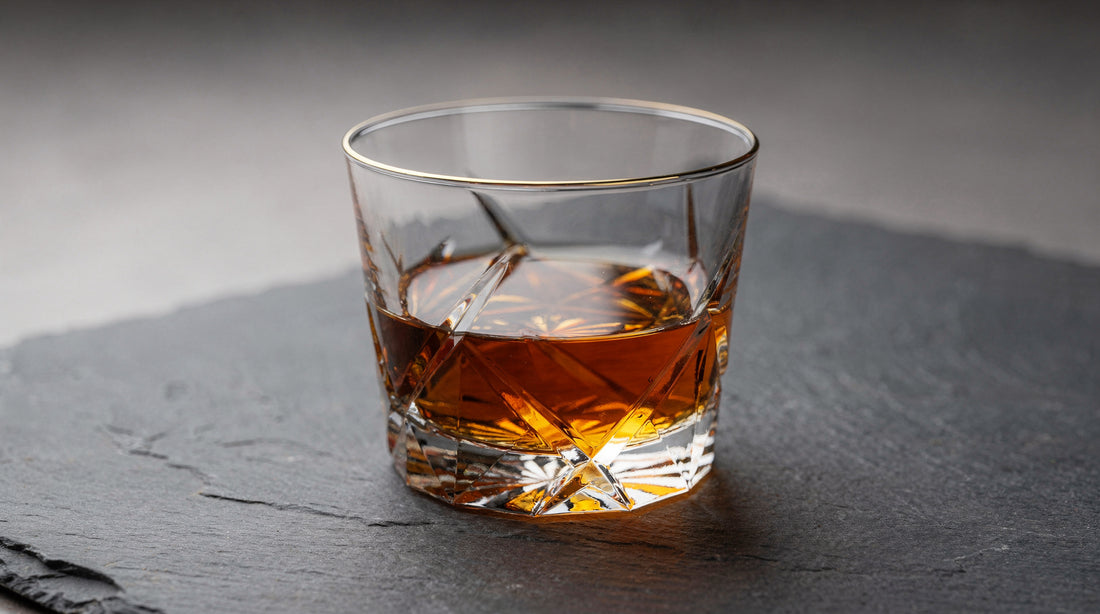 A clear Japanese cut rocks glass with a short amber pour on cool slate, rim light making the rim readable.