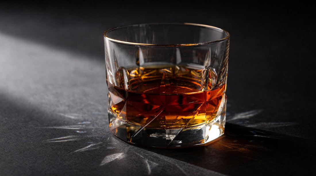 A clear Japanese cut rocks glass with a settled amber pour on a near-black ink table, quiet caustic light.