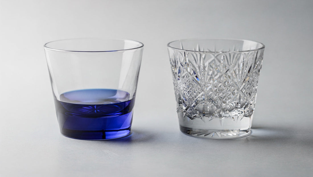 A glossary still of Japanese cut glass: a thin rim, a facet field, and a cobalt overlay colour line on a pale ground.