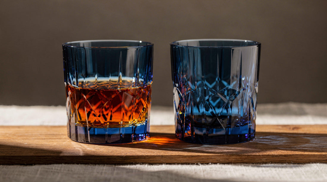 Two matching cobalt Japanese cut rocks glasses on cedar, one with a short amber pour, soft side light.