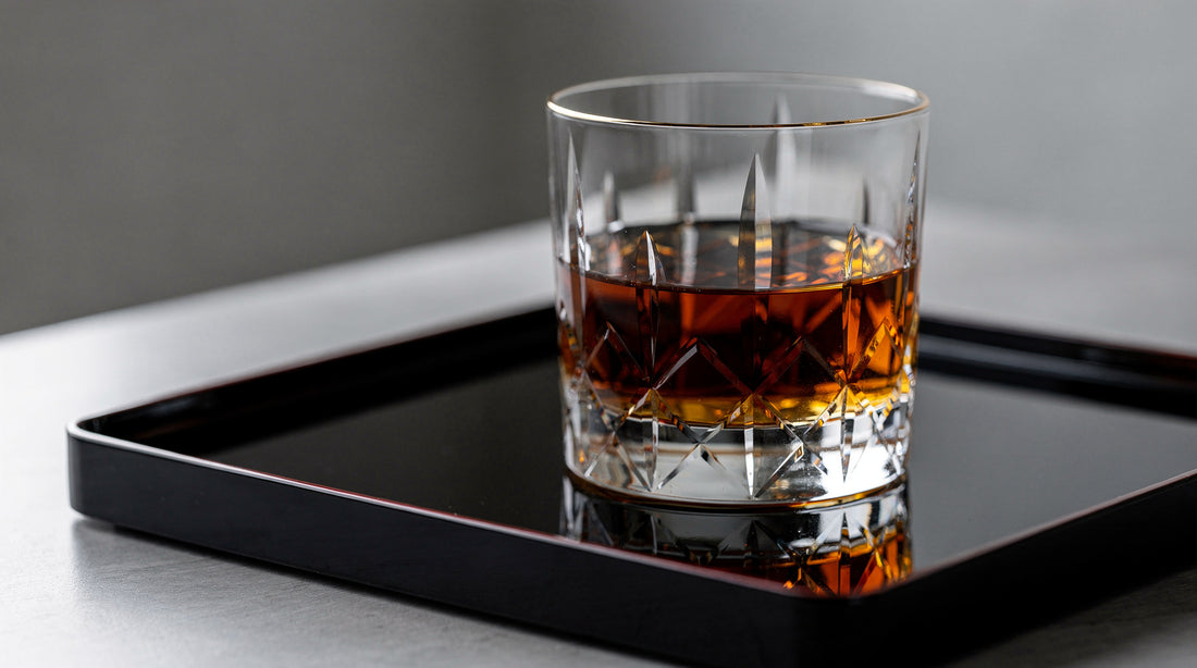 A clear Japanese cut rocks glass with a measured short amber pour on a black lacquer tray, quiet specular reflection.