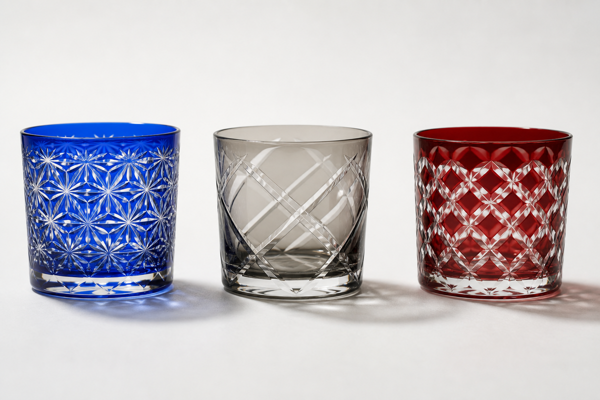 Three Japanese cut rocks glasses showing dense, open, and weave cut fields on a pale ground