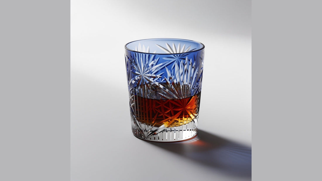 A cobalt Japanese cut-glass rocks glass with a short whisky pour on a pale ground