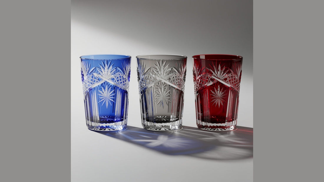 Three Japanese cut glasses in cobalt, smoke, and ruby standing in a row