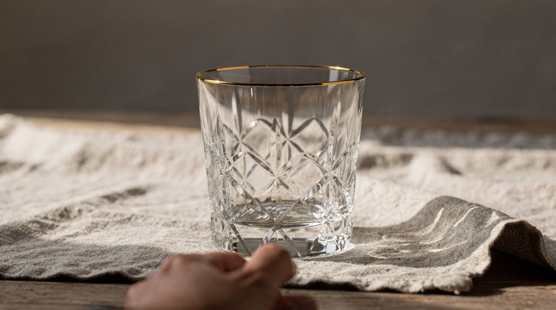 Clear Japanese cut rocks glass on linen, a hand resting at the base
