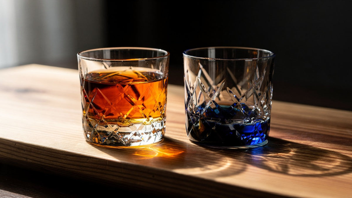 Two matching Japanese cut rocks glasses on warm cedar, one with a short amber pour and headspace, soft side window light