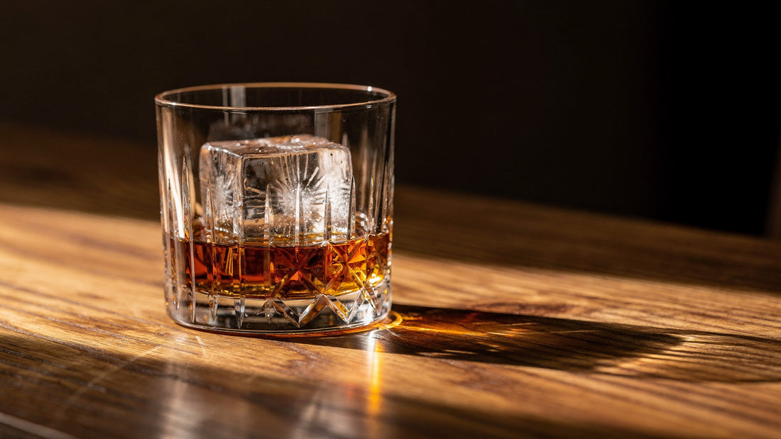 A clear Japanese cut rocks glass with one clear ice cube and a short amber pour on an oak board, low side light casting an amber pattern across the grain.