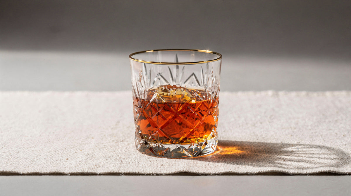 A clear Japanese cut rocks glass with a short amber pour on a linen cloth edge, soft daylight and empty ground beyond.