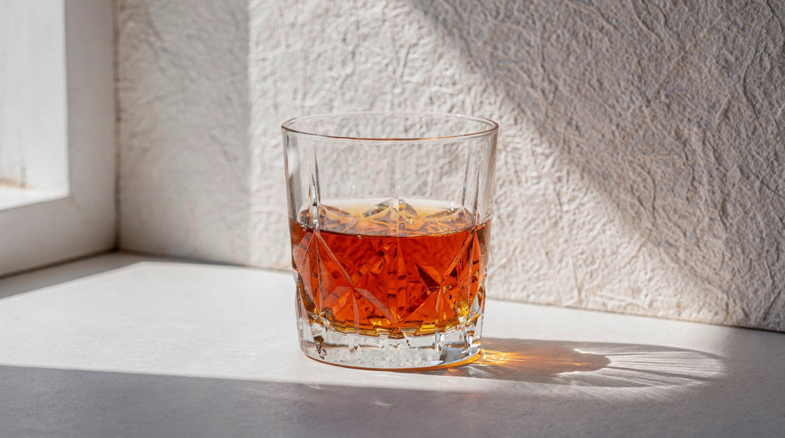 A clear Japanese cut rocks glass with a short amber pour beside a paper wall, soft window side-light and a long quiet shadow.