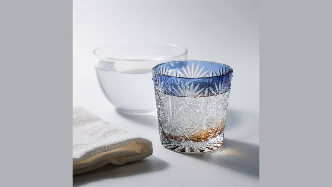 A cut-glass whiskey glass with a soft cloth and a bowl of water on a pale ground
