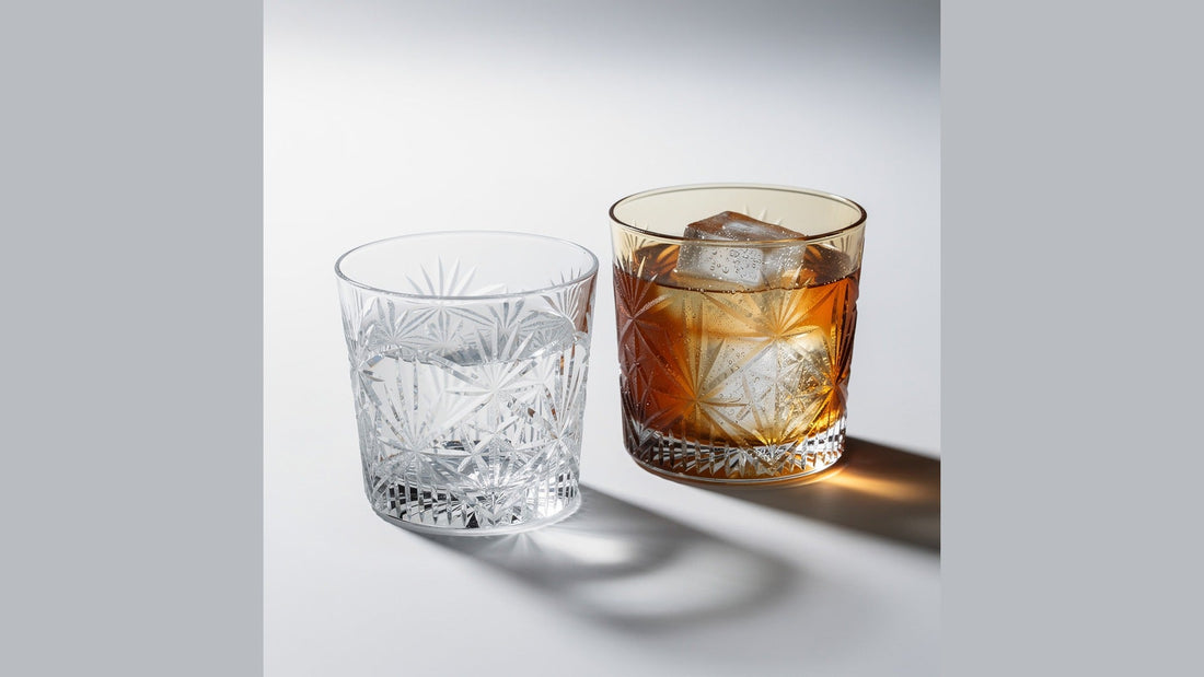Two short Japanese cut glasses of different widths, the wider one holding one large cube