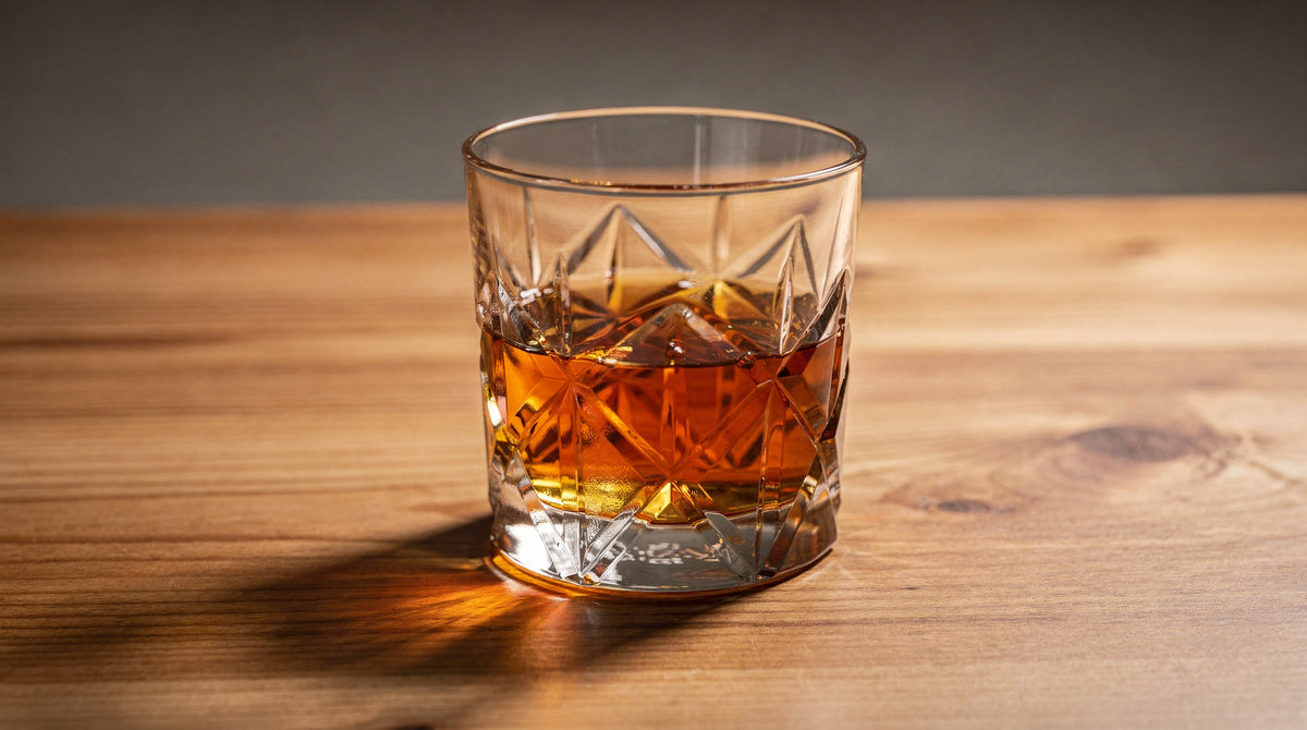 A clear Japanese cut rocks glass with a short amber pour on warm cedar grain, side light, water-ready and still.