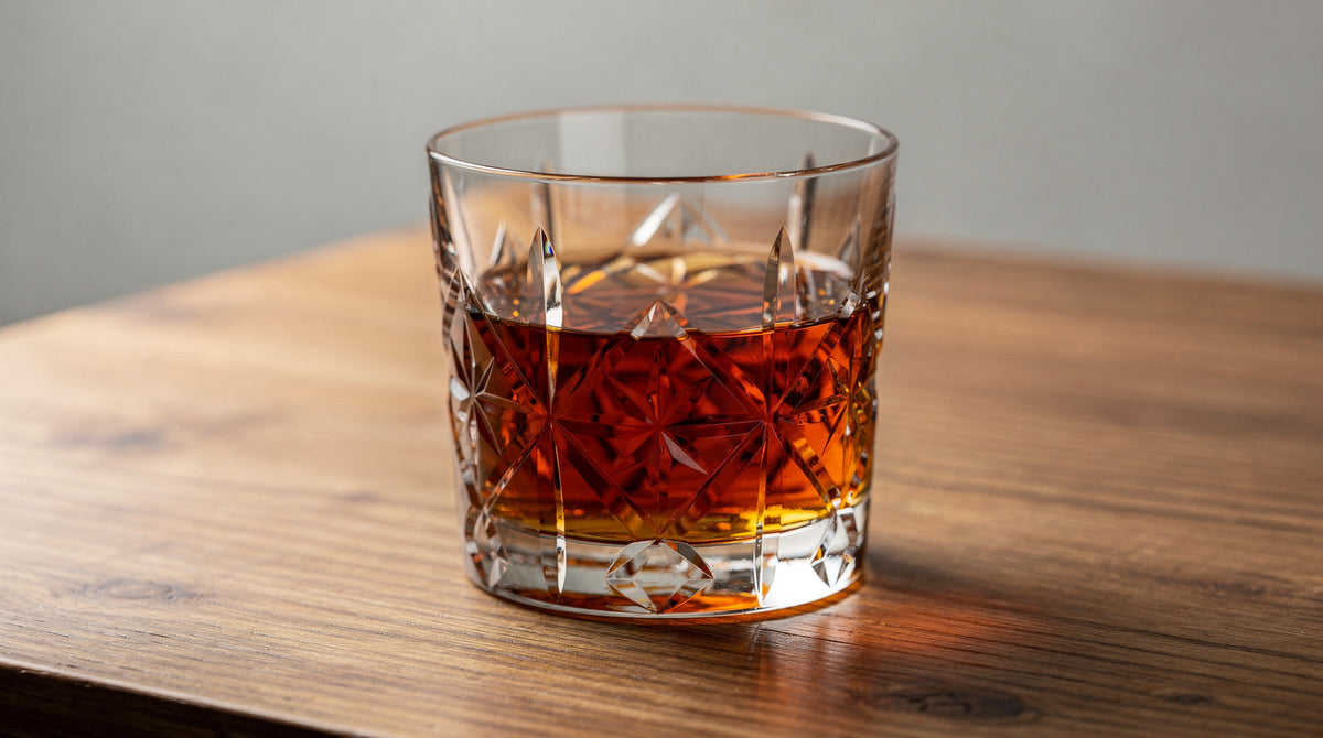 A clear Japanese cut rocks glass with a short amber pour on oak wood grain, side light, liquid still.