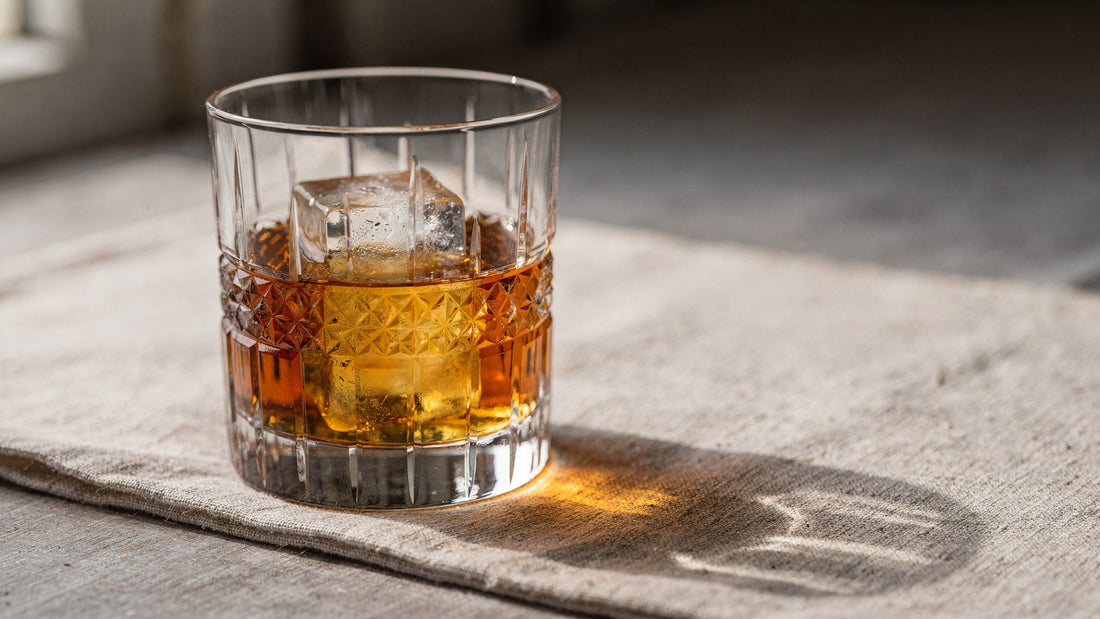 A clear Japanese cut rocks glass with one large clear ice cube and a short amber whisky pour on linen, soft daylight from the left.