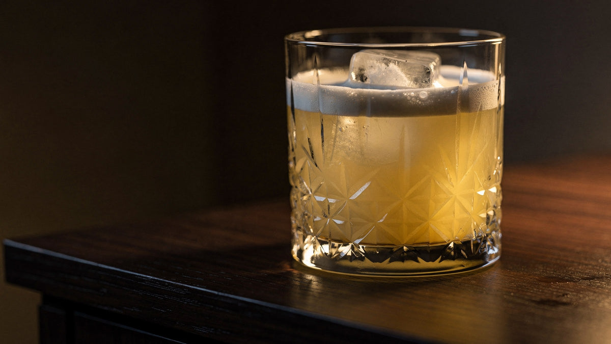 A clear Japanese cut rocks glass holding a whisky sour with a thin foam cap and one large ice cube on a dark walnut table, low warm lamp light from the right.