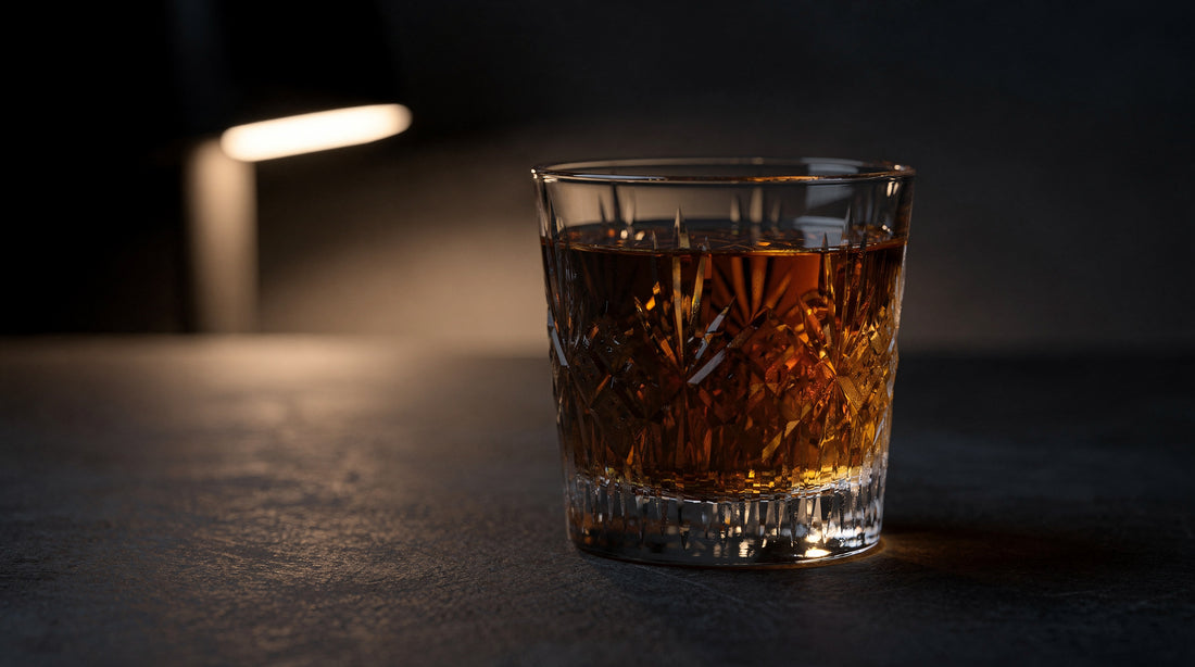 A clear Japanese cut rocks glass with a room-temperature amber pour in a dim room, low lamp rim light on the facets.