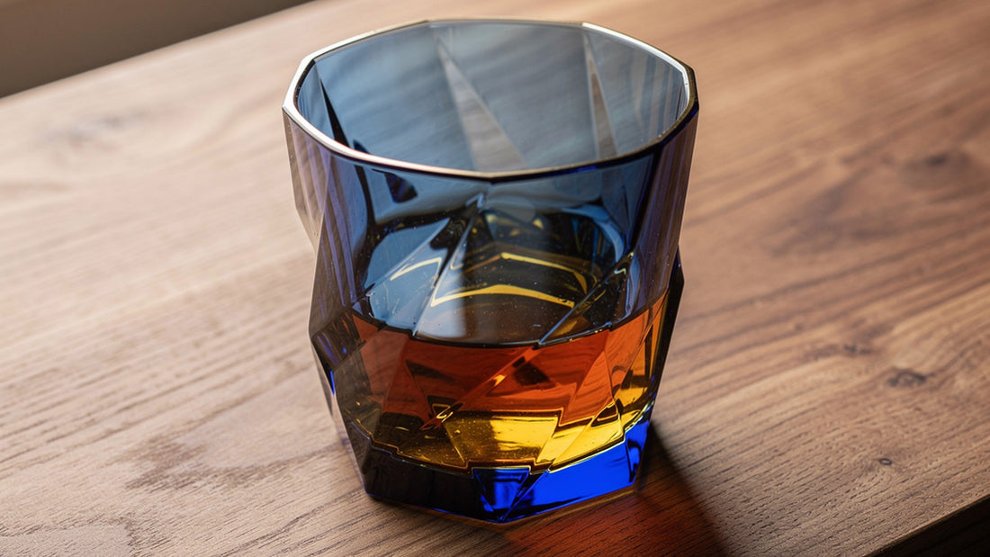 A cobalt Japanese cut rocks glass with a short amber pour on warm cedar wood grain, soft side light along the facets