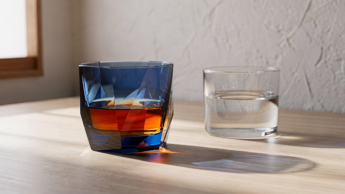 A cobalt Japanese cut rocks glass with a short amber pour beside a clear water glass on a pale table, soft window side-light and a long quiet shadow