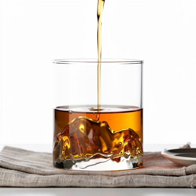Clear Fuji Peak Whisky Glass, in use whisky pour on #f1f1f1