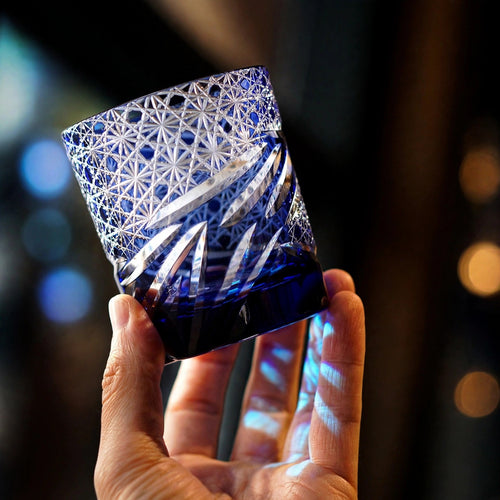 Cobalt Facet Whisky Glass, hand held proof of use