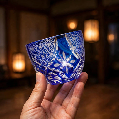 Cobalt Flower Sake Glass, hand held proof of use