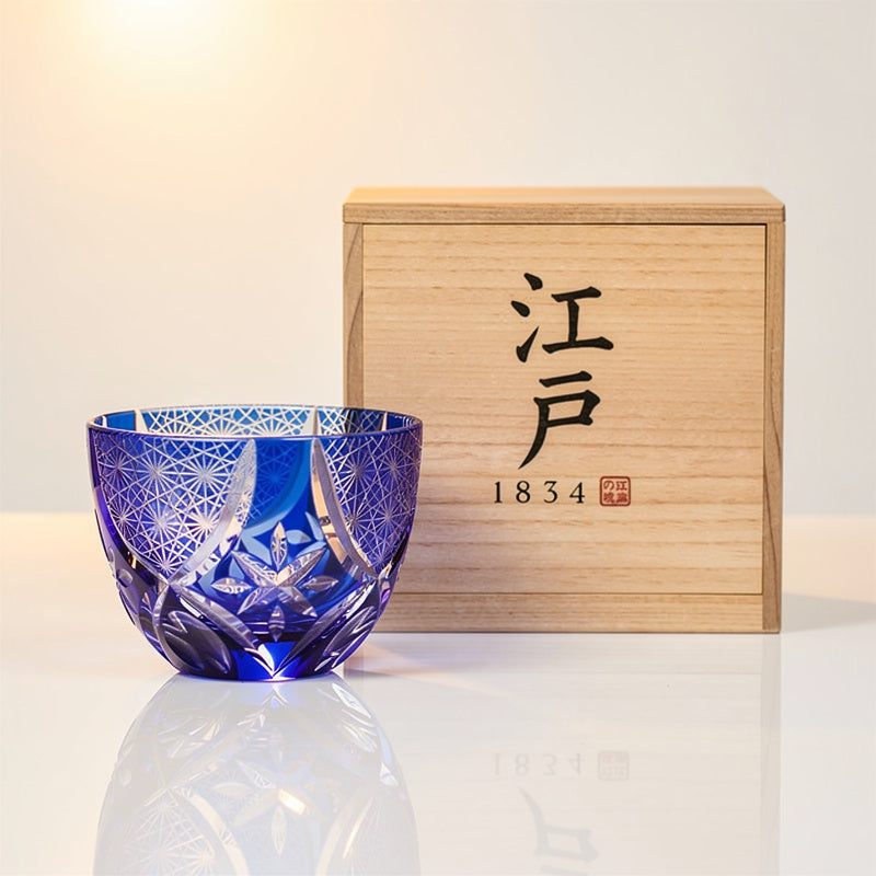 Cobalt Flower Sake Glass, packaging with EDO 1834 box