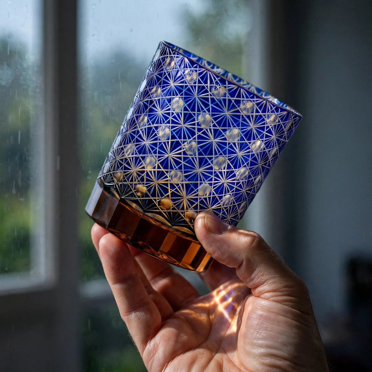 Cobalt Chrysanthemum Whisky Glass, hand held proof of use