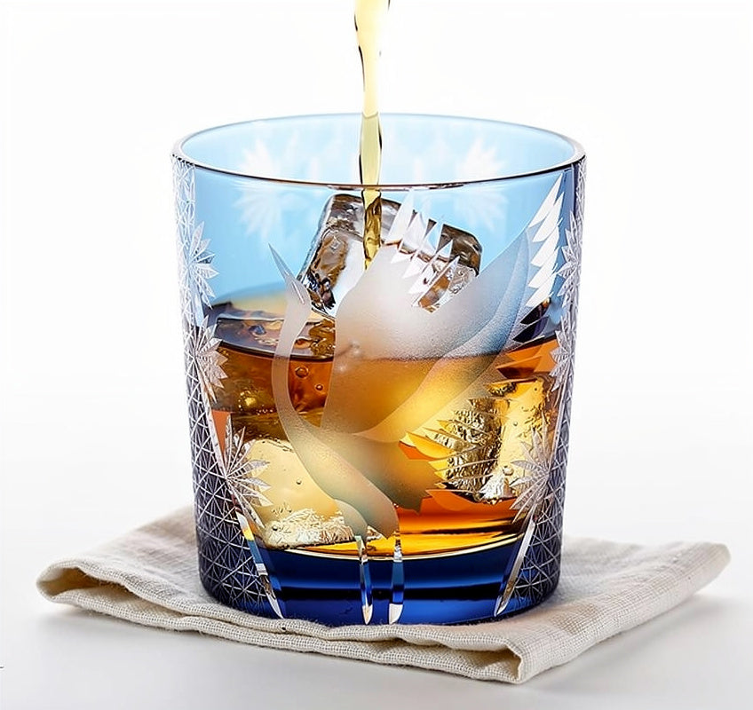 Cobalt Kage Whiskey Glass, shown with a whisky pour