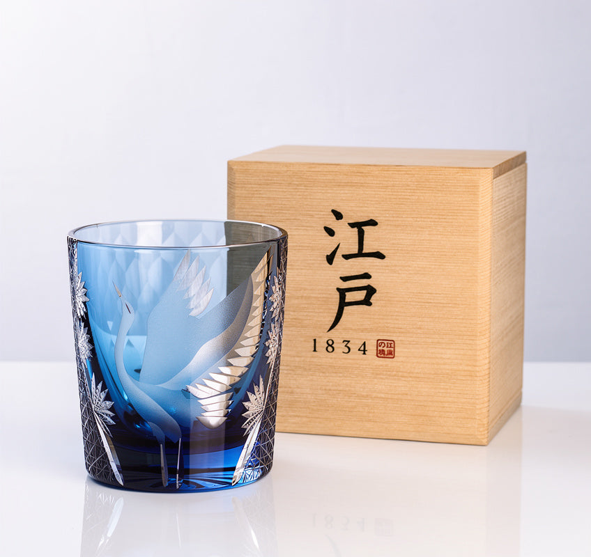 Cobalt Kage Whiskey Glass, shown with wooden presentation box