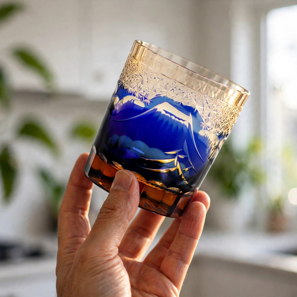 Cobalt Mount Fuji Whisky Glass, hand held proof of use