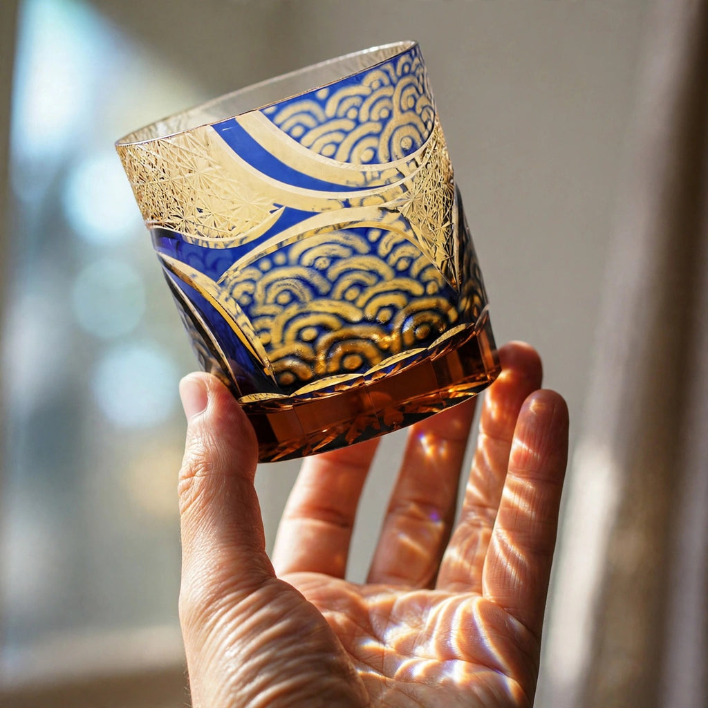 Cobalt Overlay Whisky Glass, hand held proof of use