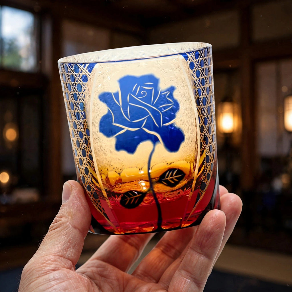Cobalt Rose Whisky Glass, hand held proof of use